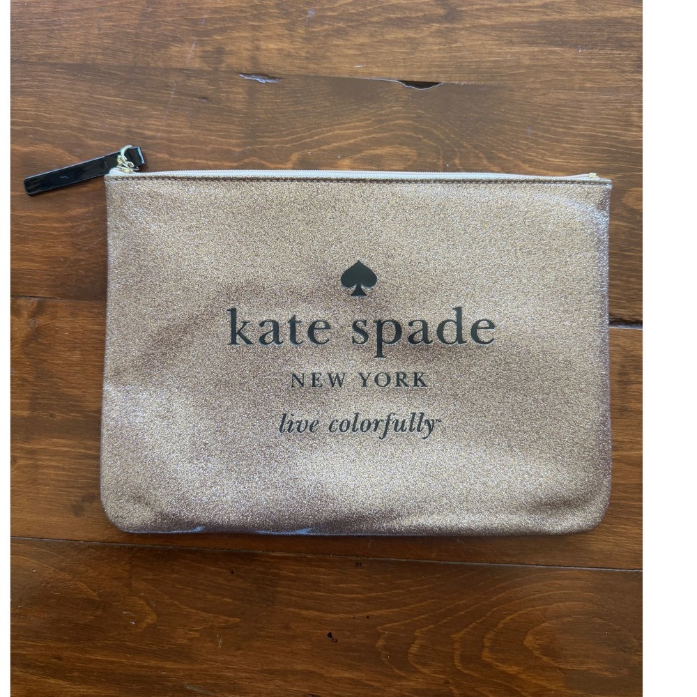 Kate Spade New York Rose Gold Pink Glitter Live Colorfully Zip Pouch Clutch Bag